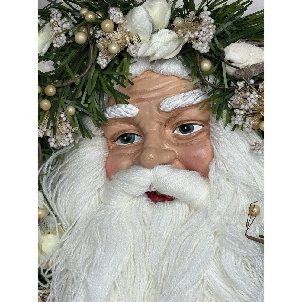 Vintage Santa Face Christmas Wreath Magnolia Flowers Pine Porcelain